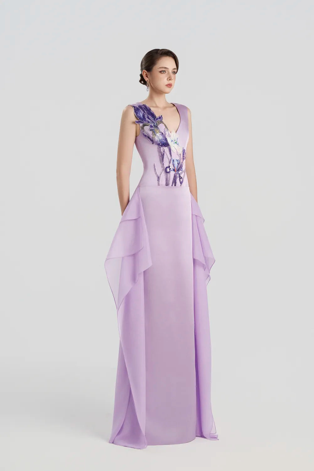Sleeveless Floral Embellished Sides Ruffle Dress - TRACY COUTURE