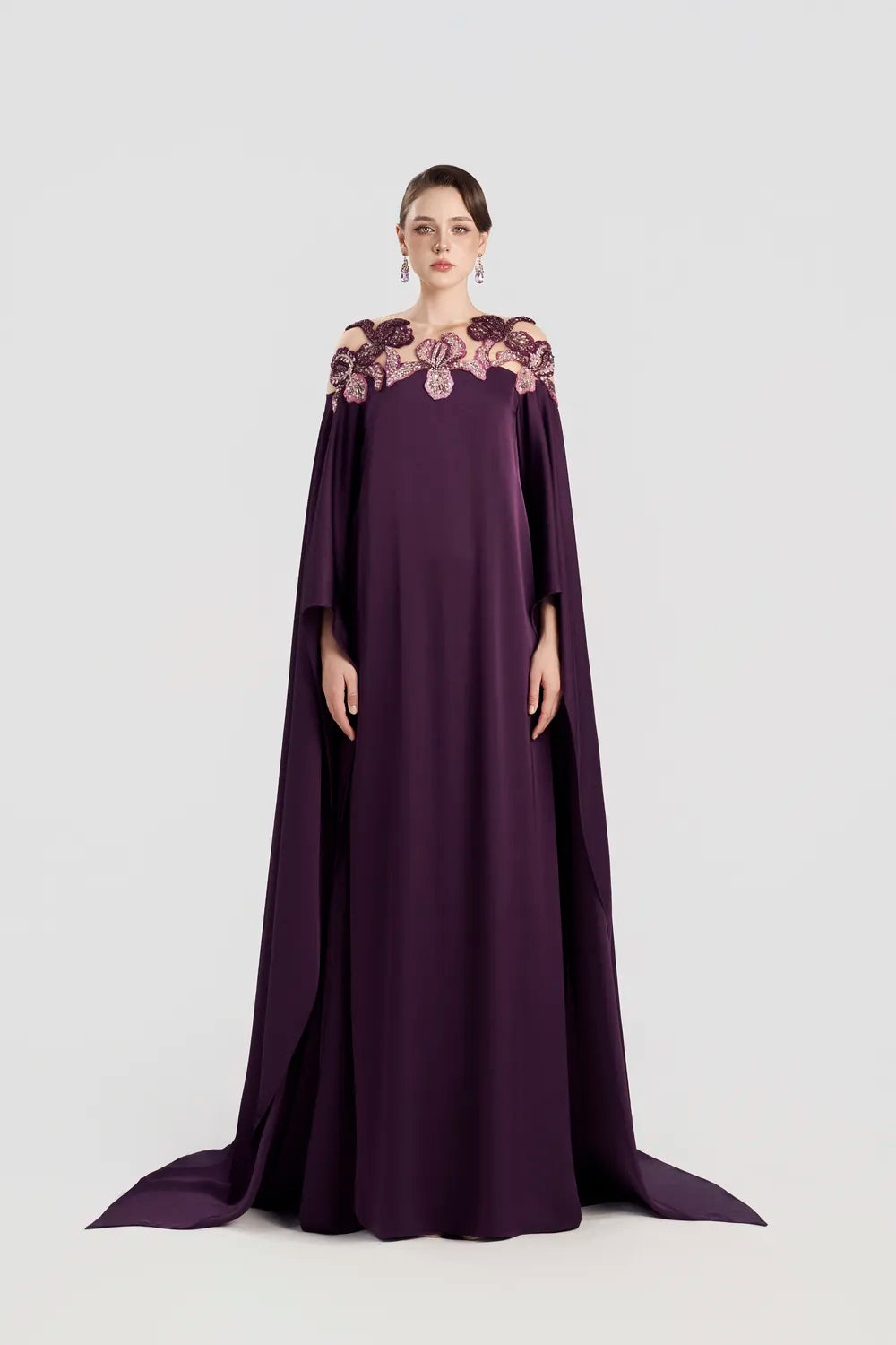 Shining Floral Shoulder Embellished Flared Dress