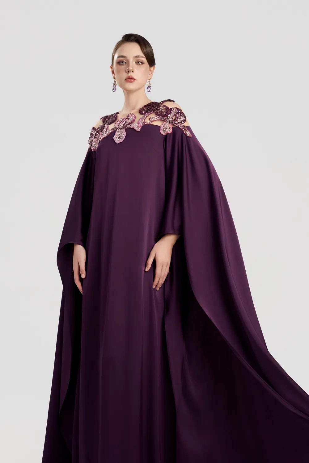 Shining Floral Shoulder Embellished Flared Dress
