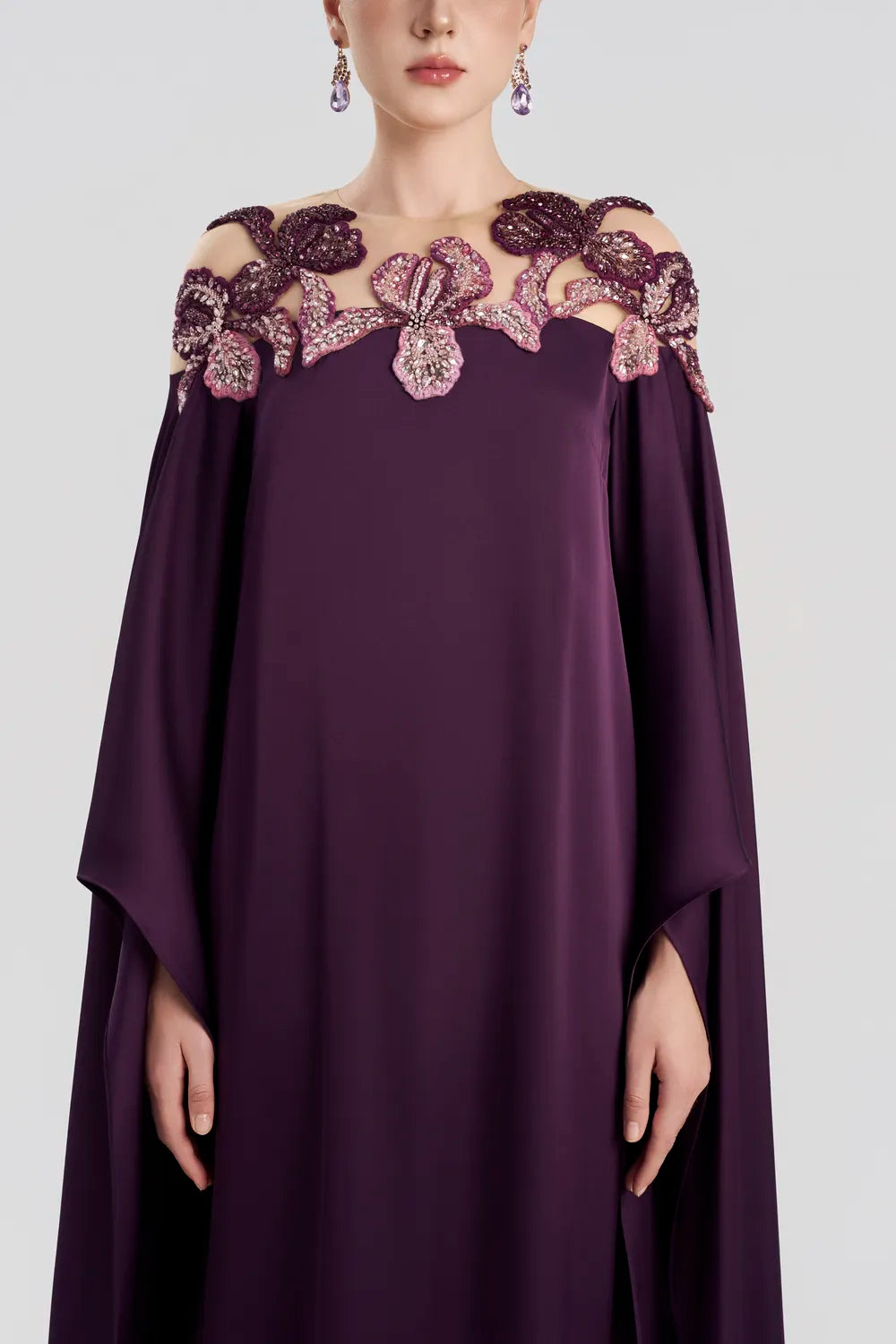 Shining Floral Shoulder Embellished Flared Dress