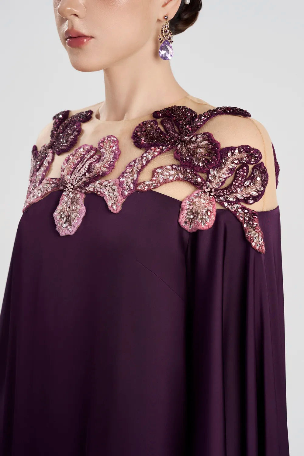 Shining Floral Shoulder Embellished Flared Dress