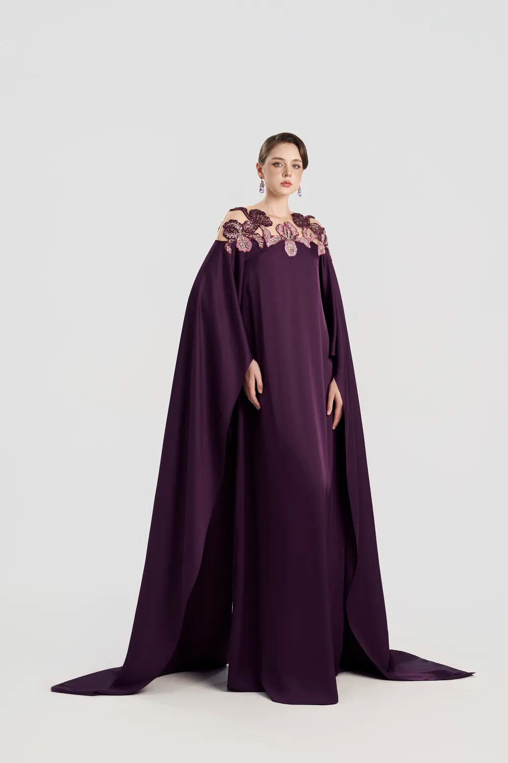 Shining Floral Shoulder Embellished Flared Dress