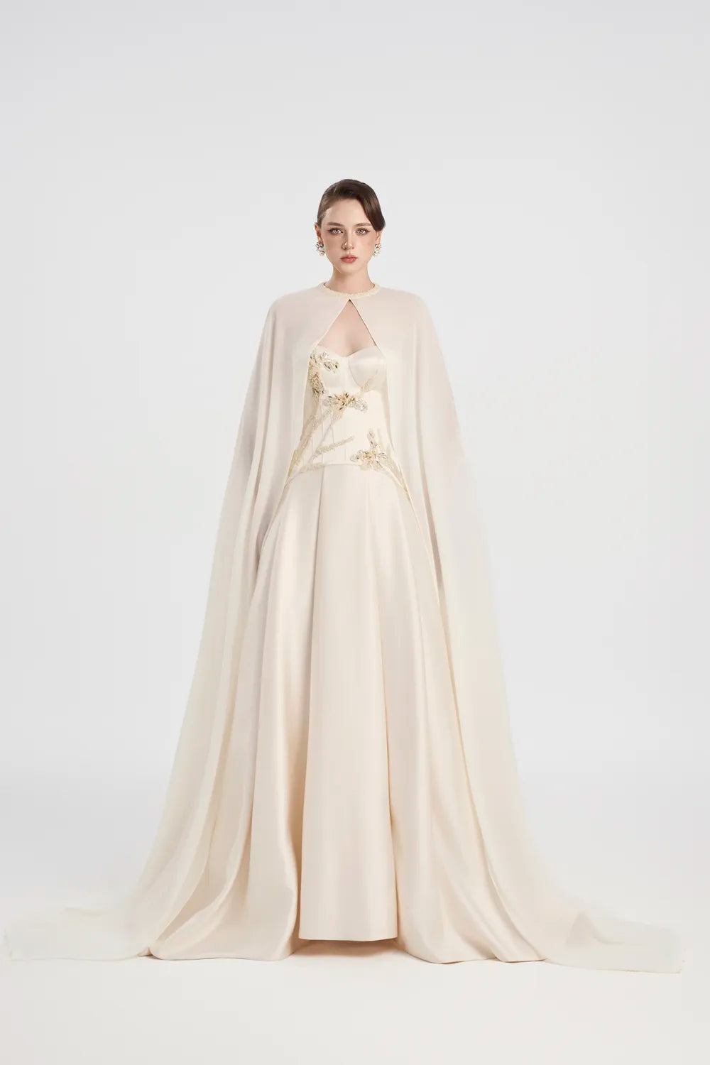 Flowing Long Cape Strapless Corset A-Line Dress