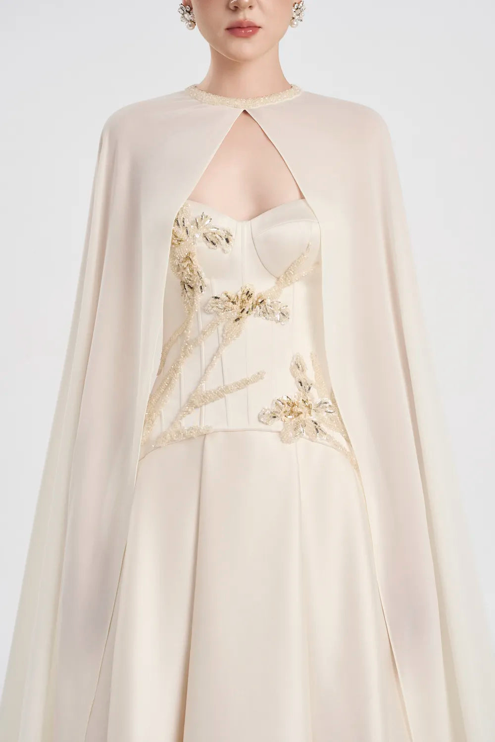 Flowing Long Cape Strapless Corset A-Line Dress