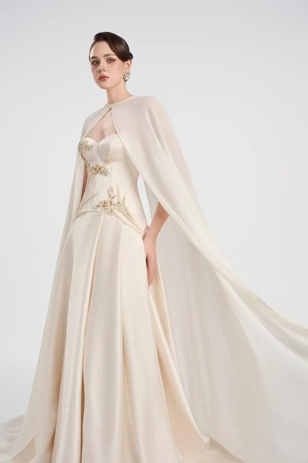 Flowing Long Cape Strapless Corset A-Line Dress