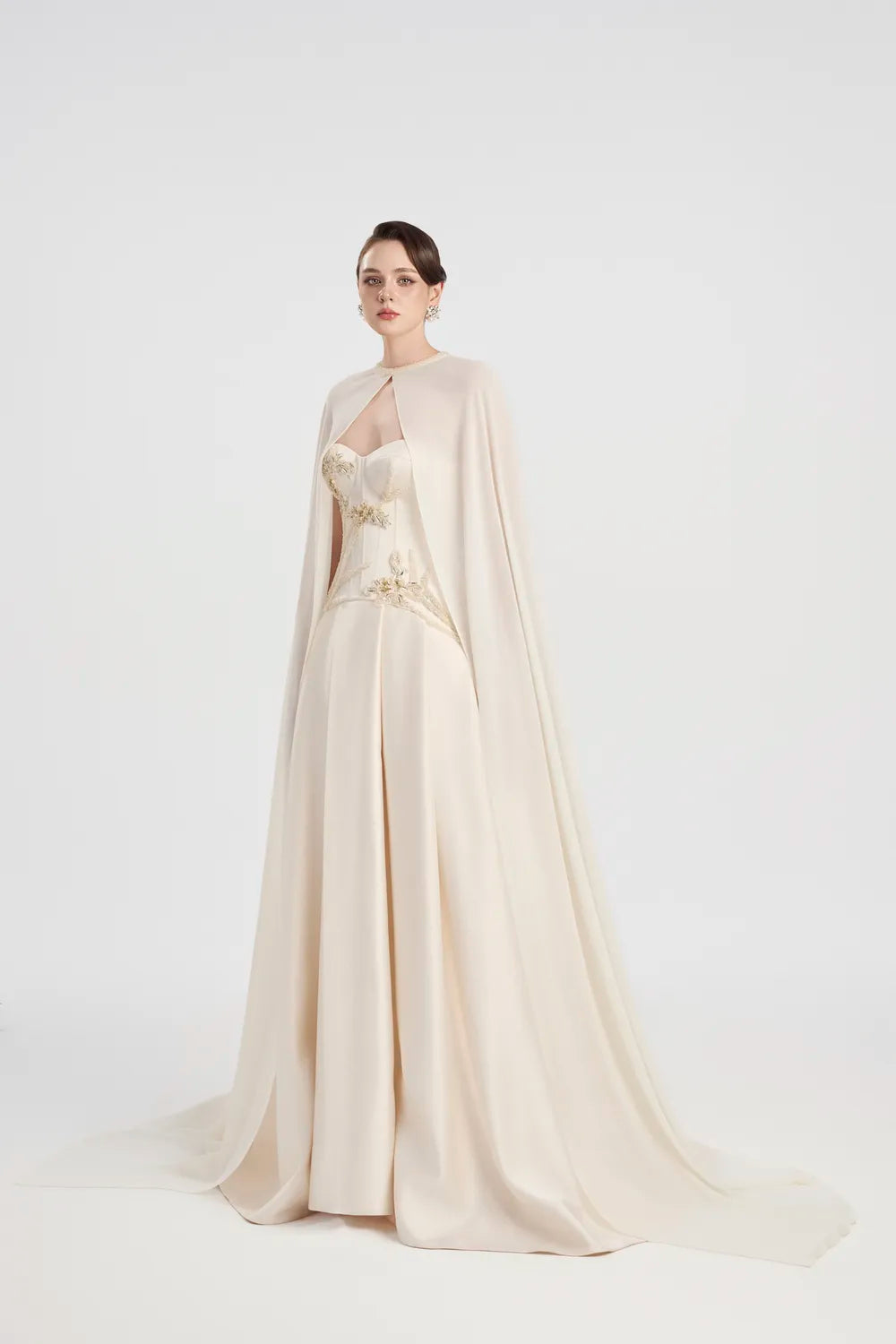 Flowing Long Cape Strapless Corset A-Line Dress