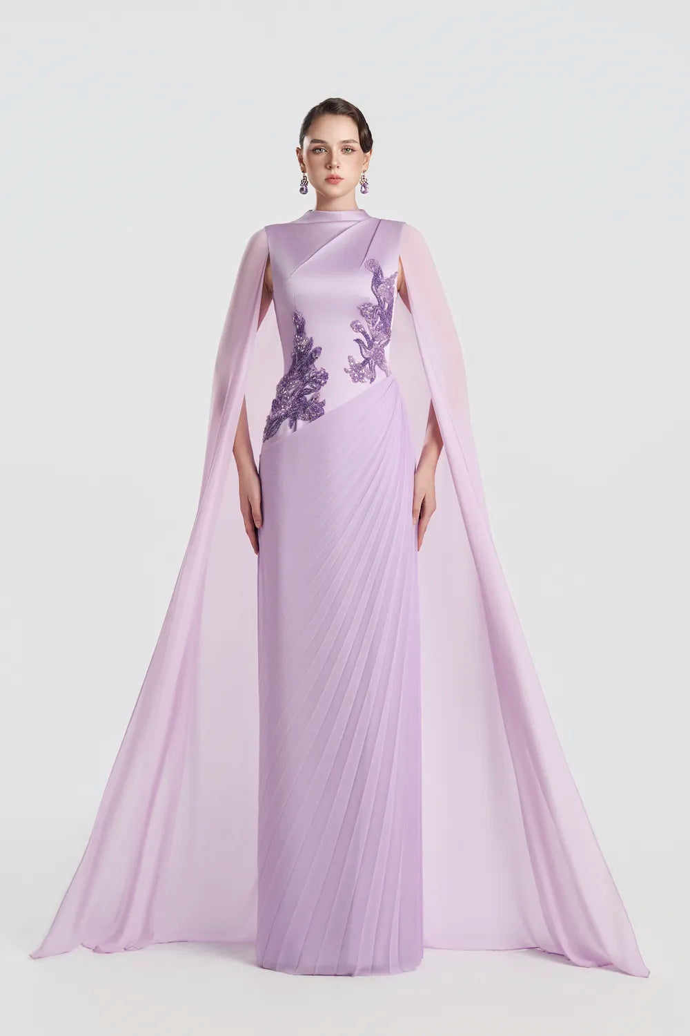Diagonal Floral Embellished Pleated Dress - TRACY COUTURE