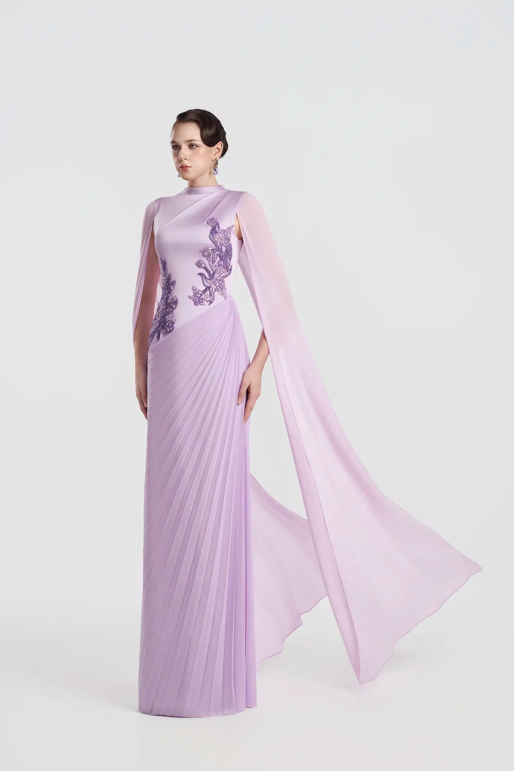 Diagonal Floral Embellished Pleated Dress - TRACY COUTURE