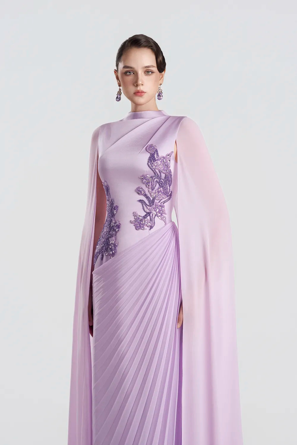 Diagonal Floral Embellished Pleated Dress - TRACY COUTURE
