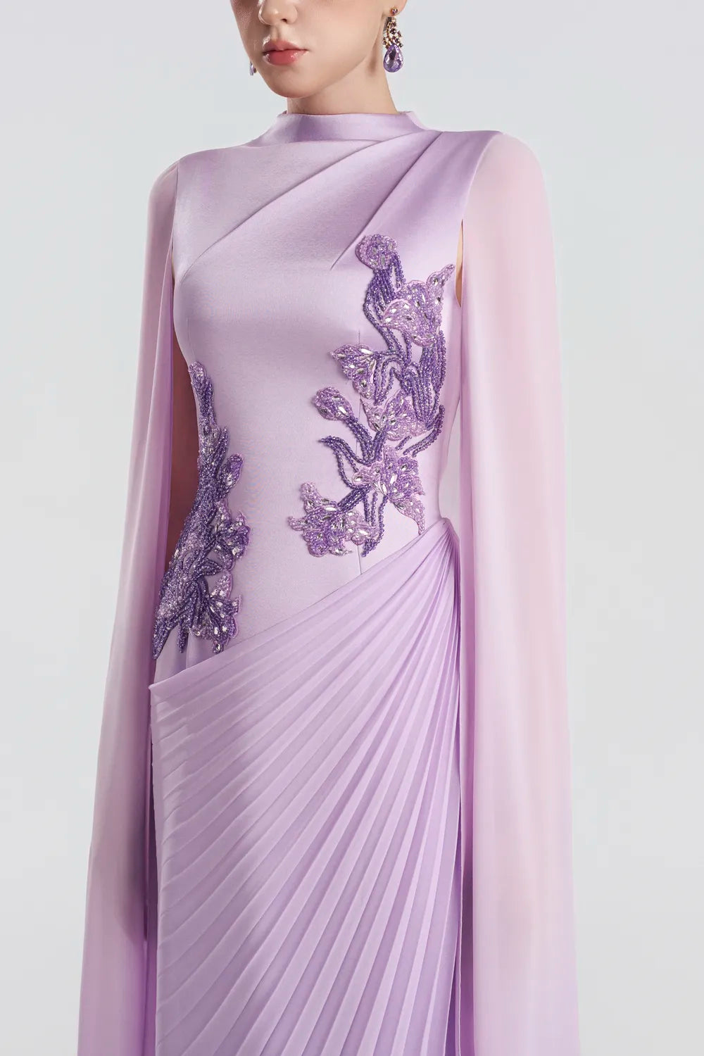 Diagonal Floral Embellished Pleated Dress - TRACY COUTURE