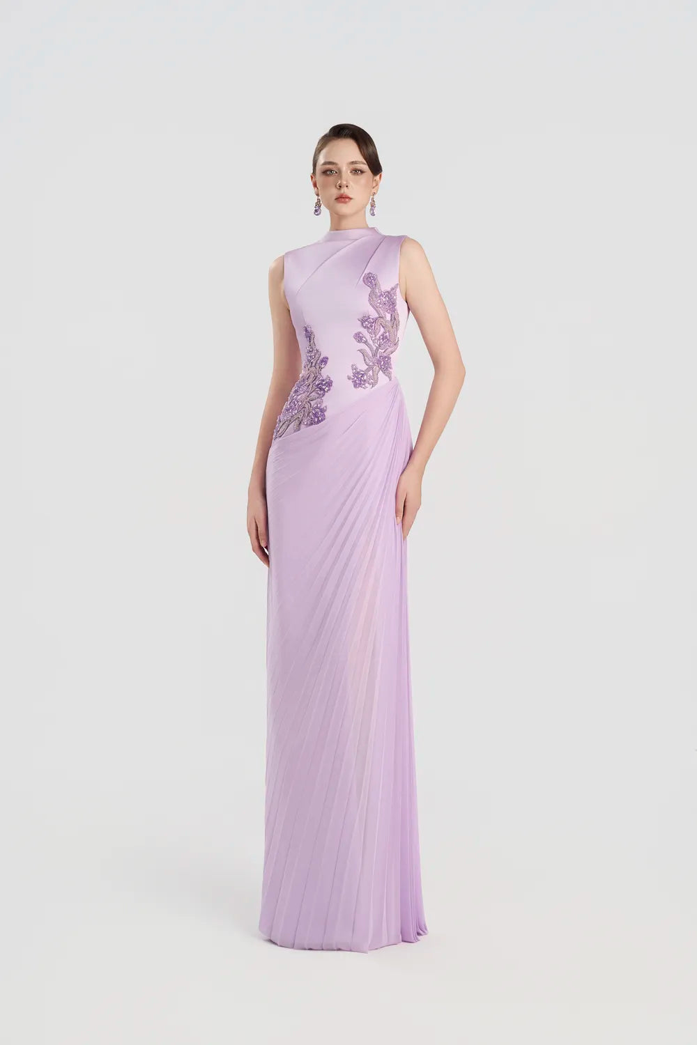 Diagonal Floral Embellished Pleated Dress - TRACY COUTURE