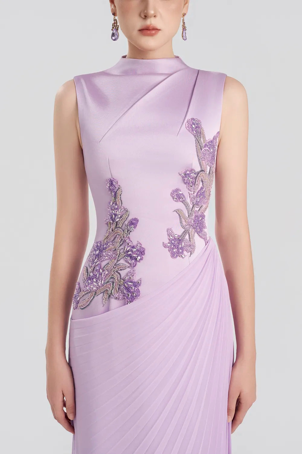 Diagonal Floral Embellished Pleated Dress - TRACY COUTURE