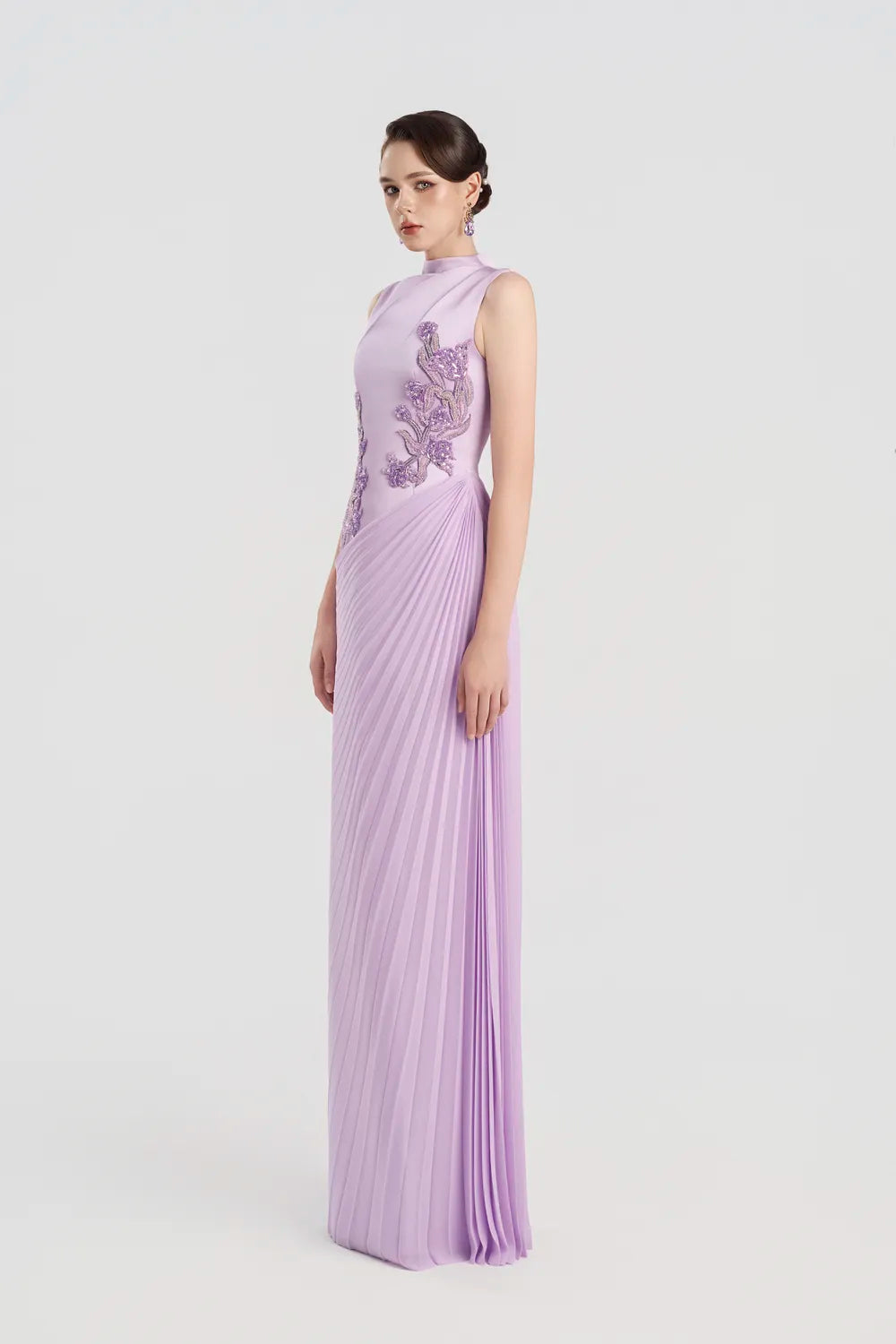 Diagonal Floral Embellished Pleated Dress - TRACY COUTURE