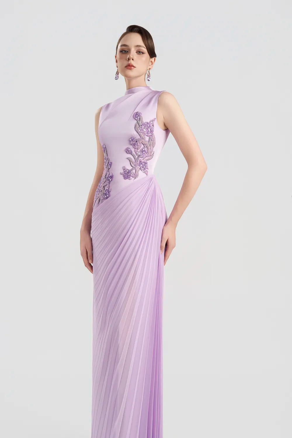 Diagonal Floral Embellished Pleated Dress - TRACY COUTURE