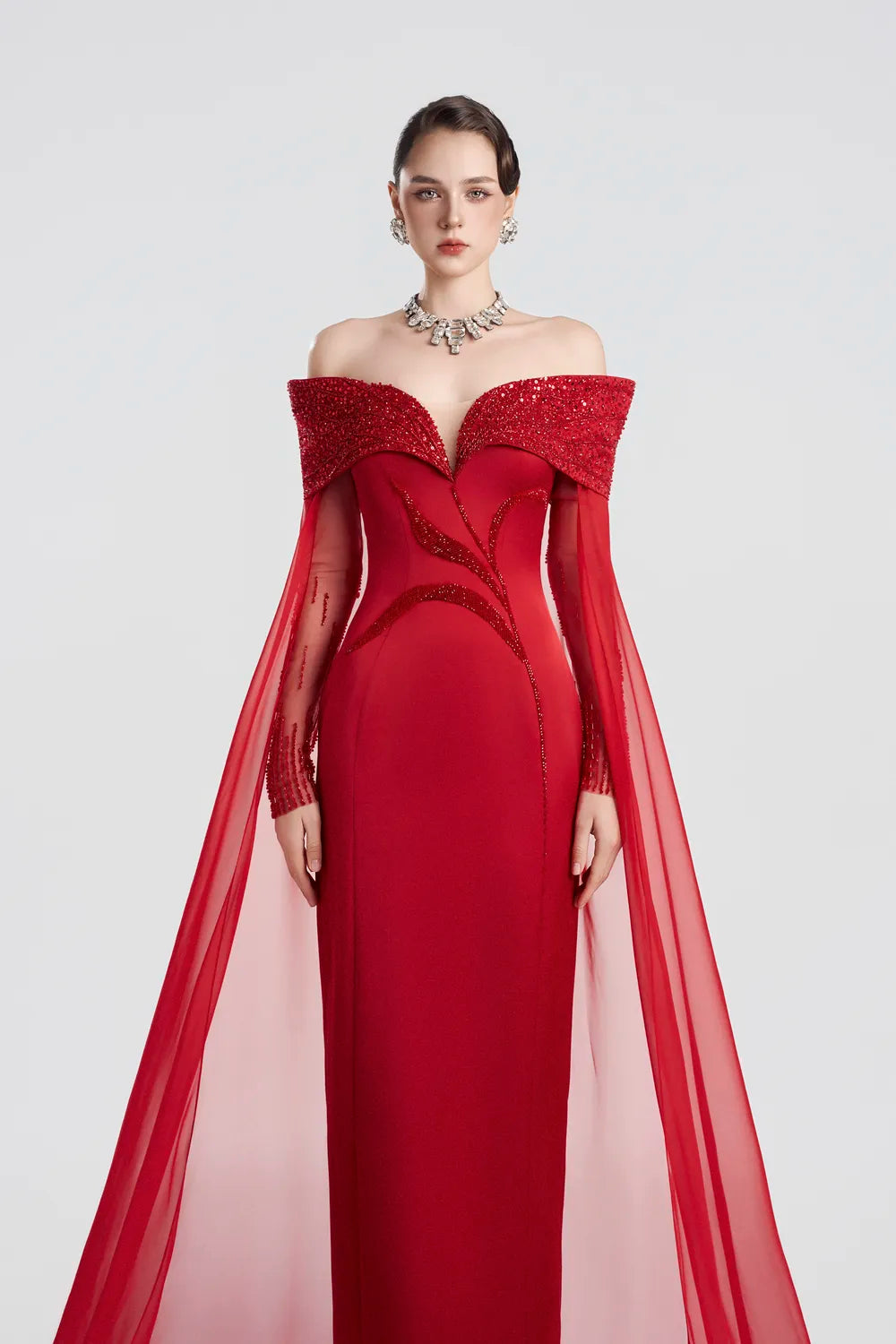 Crystal Shoulder Flowing Back Flap Straight Dress