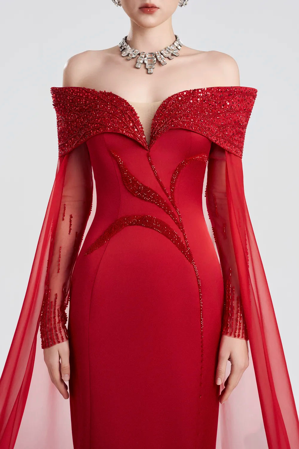 Crystal Shoulder Flowing Back Flap Straight Dress
