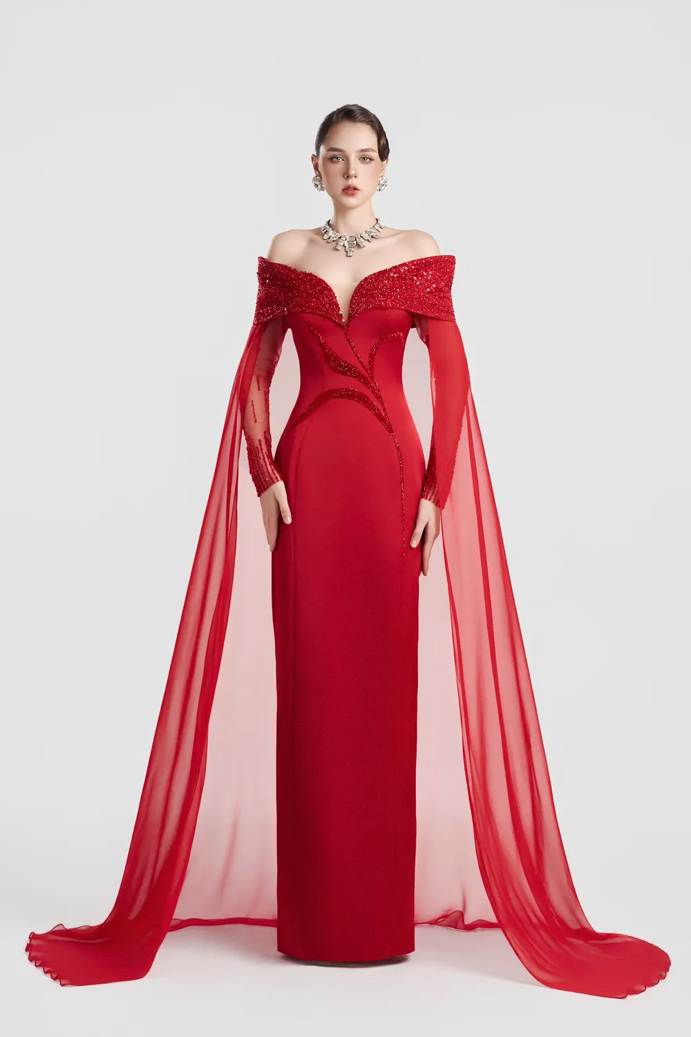 Crystal Shoulder Flowing Back Flap Straight Dress