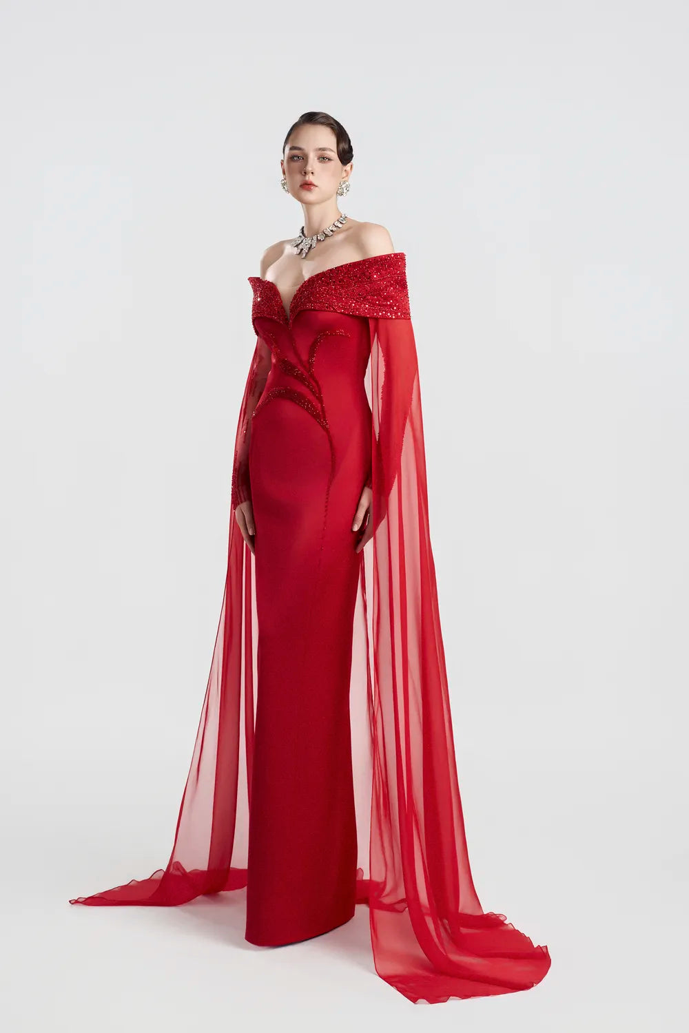 Crystal Shoulder Flowing Back Flap Straight Dress