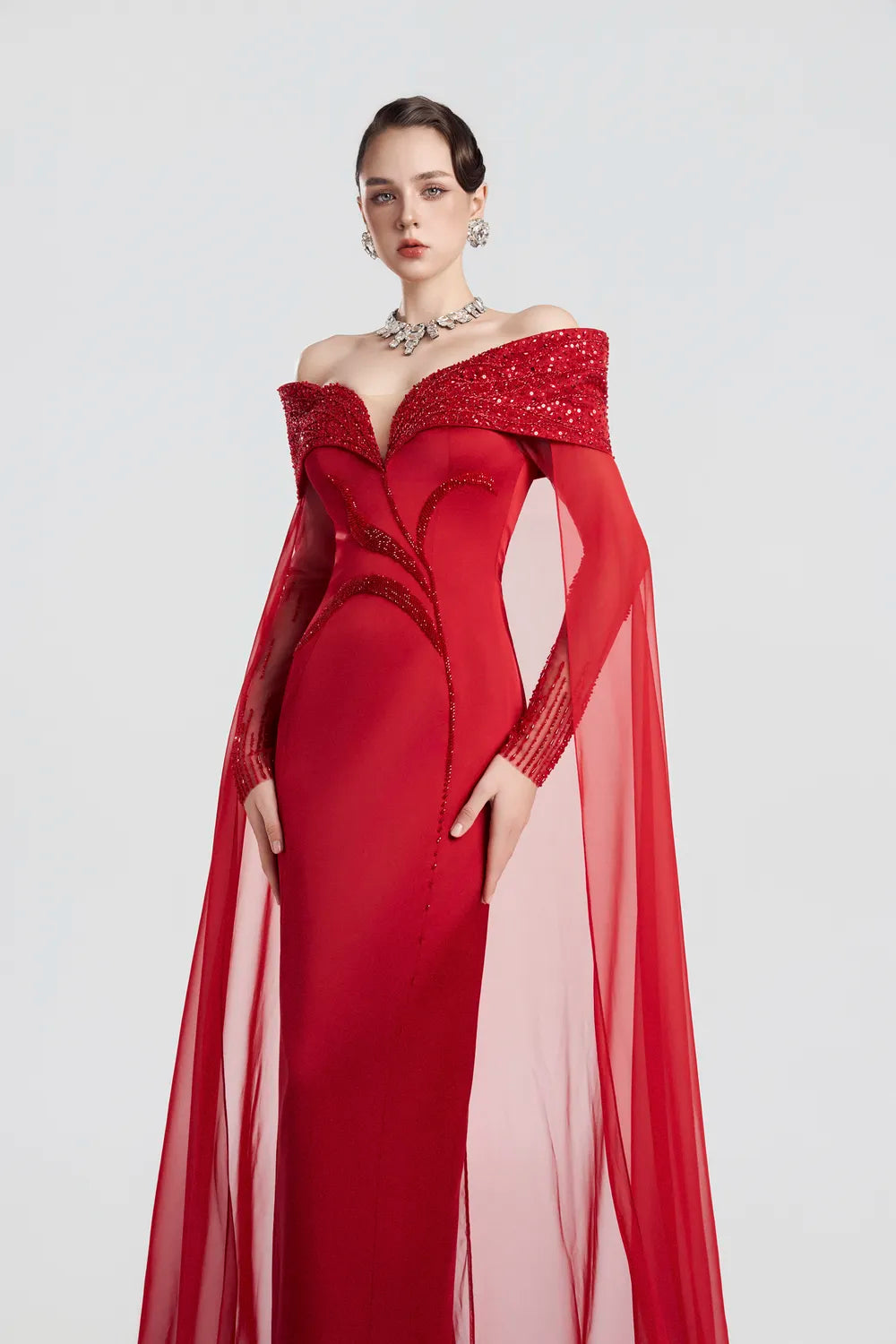Crystal Shoulder Flowing Back Flap Straight Dress