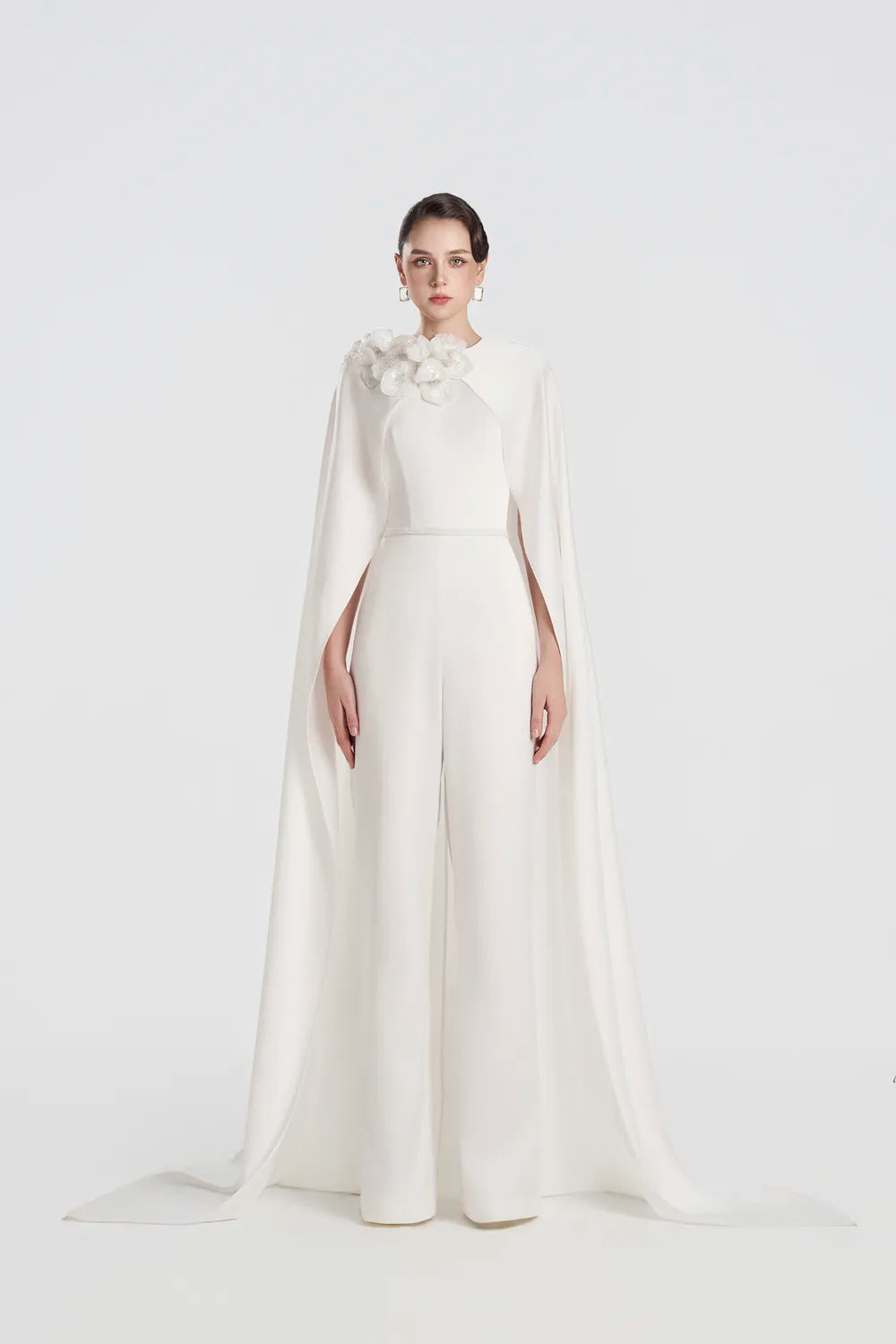 3D Floral Long Cape Sleeve Straight Dress - TRACY COUTURE