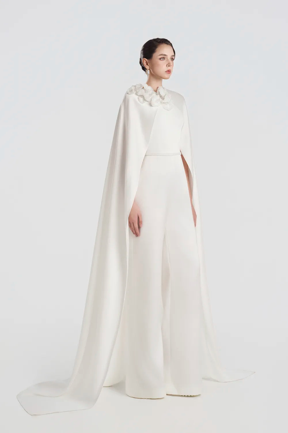 3D Floral Long Cape Sleeve Straight Dress - TRACY COUTURE
