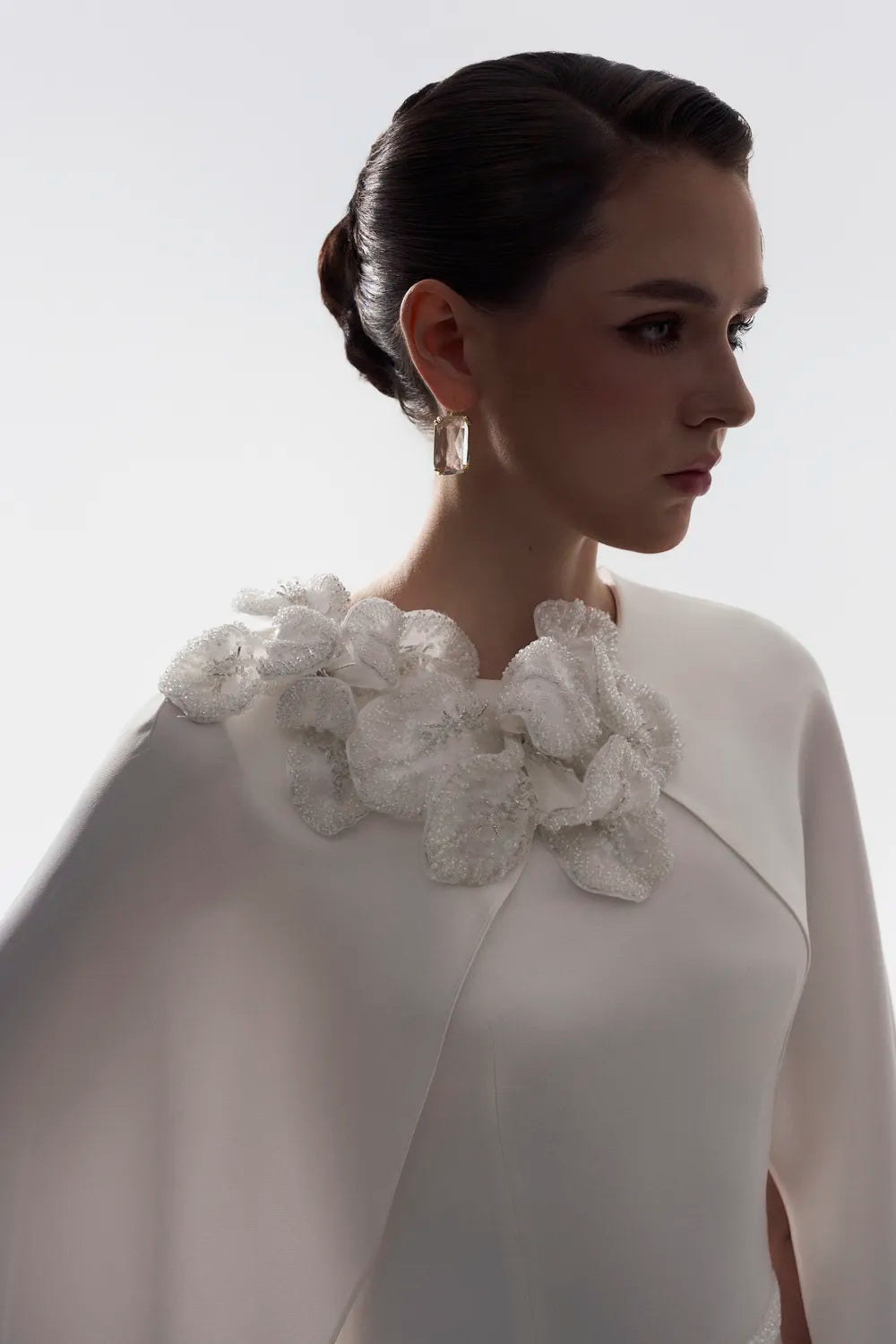3D Floral Long Cape Sleeve Straight Dress - TRACY COUTURE