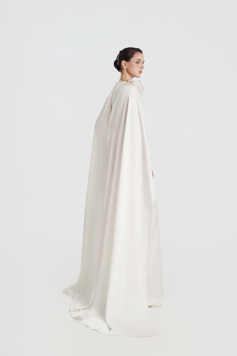 3D Floral Long Cape Sleeve Straight Dress - TRACY COUTURE
