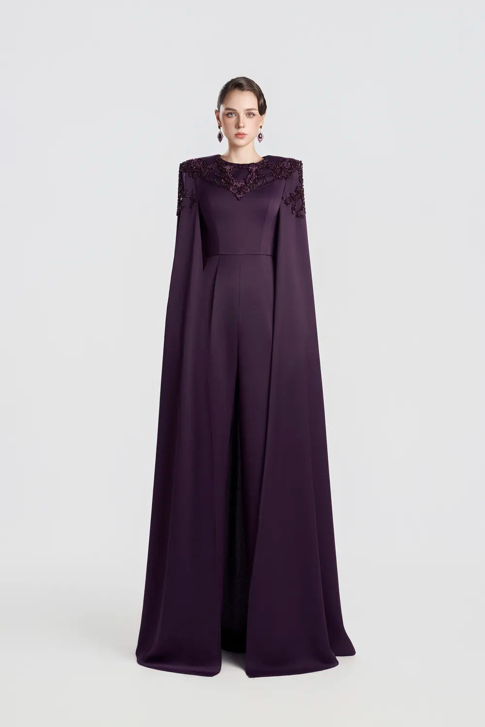 Stylized Shoulder Embellished Long Cape Sleeve Dress