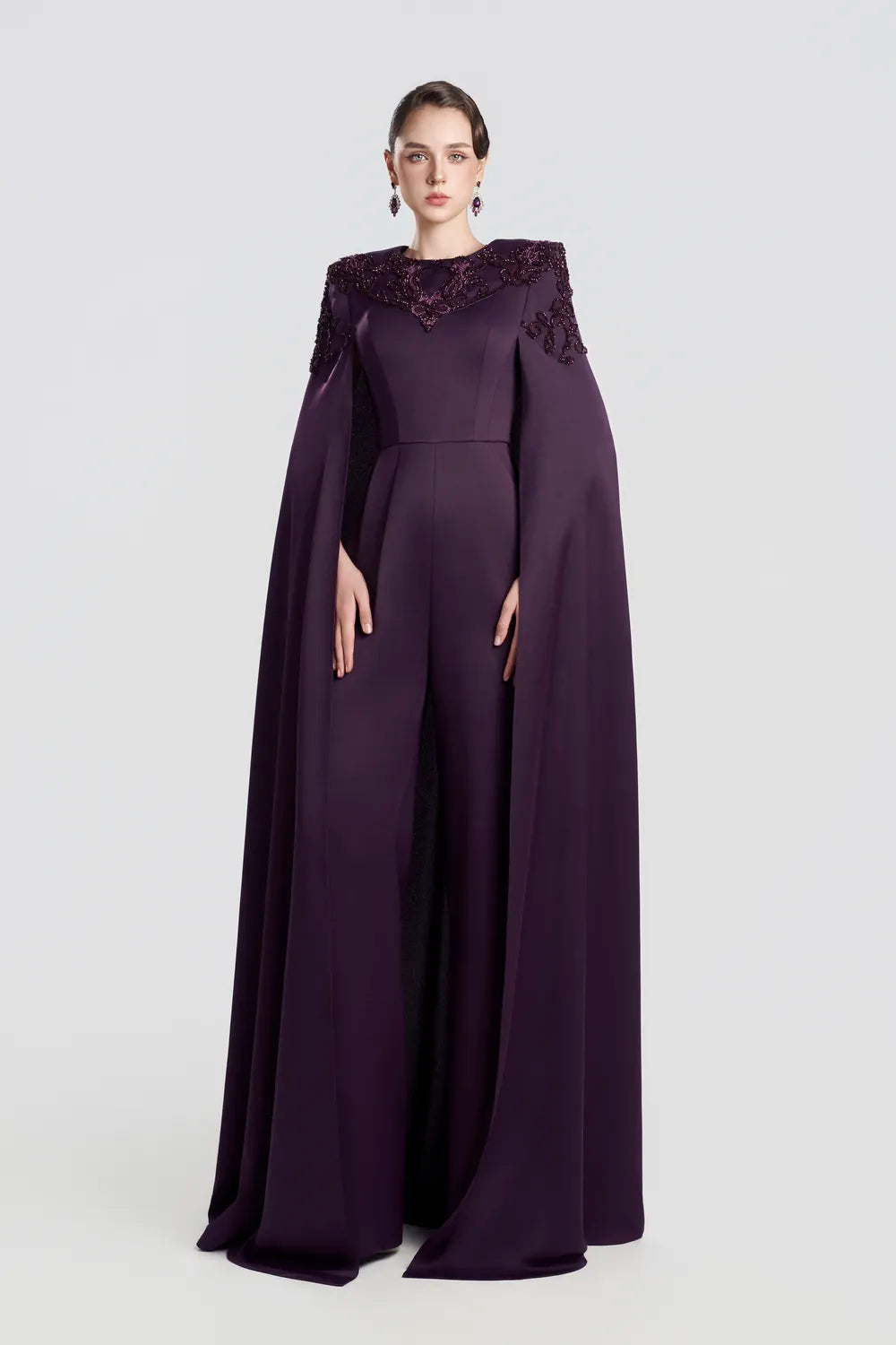 Stylized Shoulder Embellished Long Cape Sleeve Dress