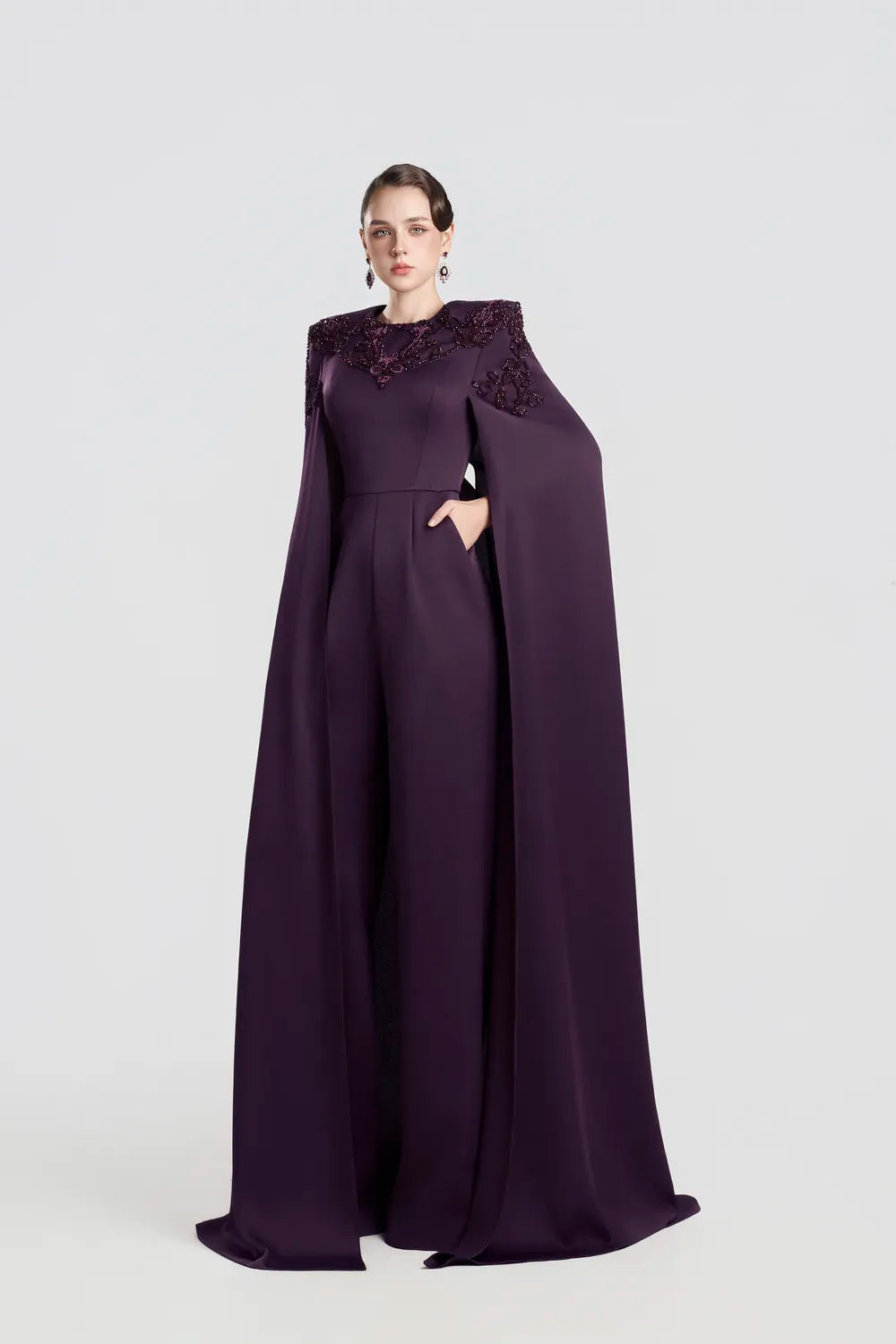 Stylized Shoulder Embellished Long Cape Sleeve Dress