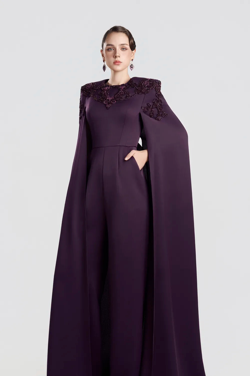 Stylized Shoulder Embellished Long Cape Sleeve Dress