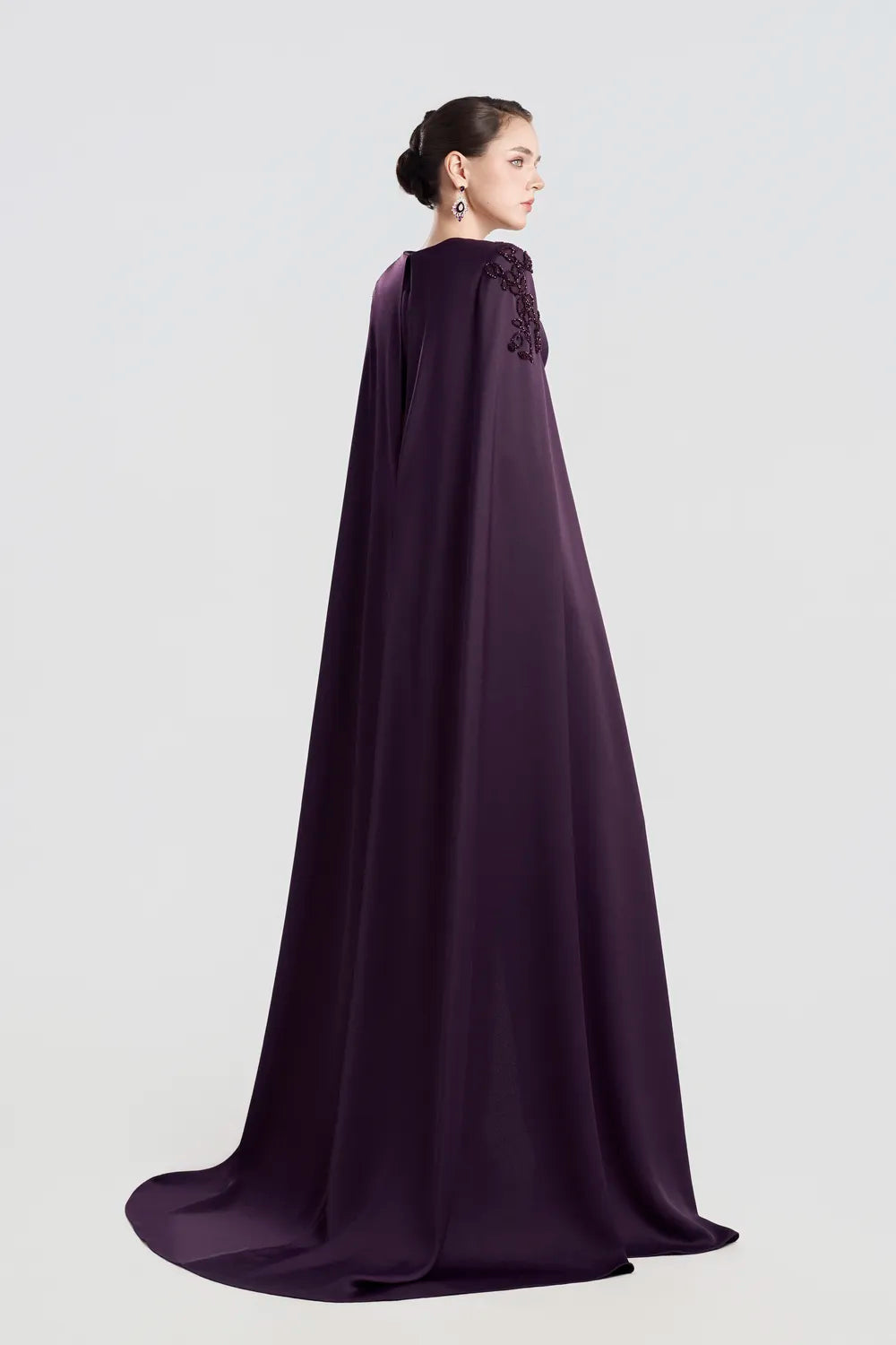 Stylized Shoulder Embellished Long Cape Sleeve Dress