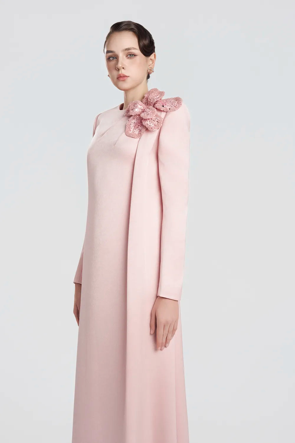 3D Sparkling Floral Long Sleeve Dress