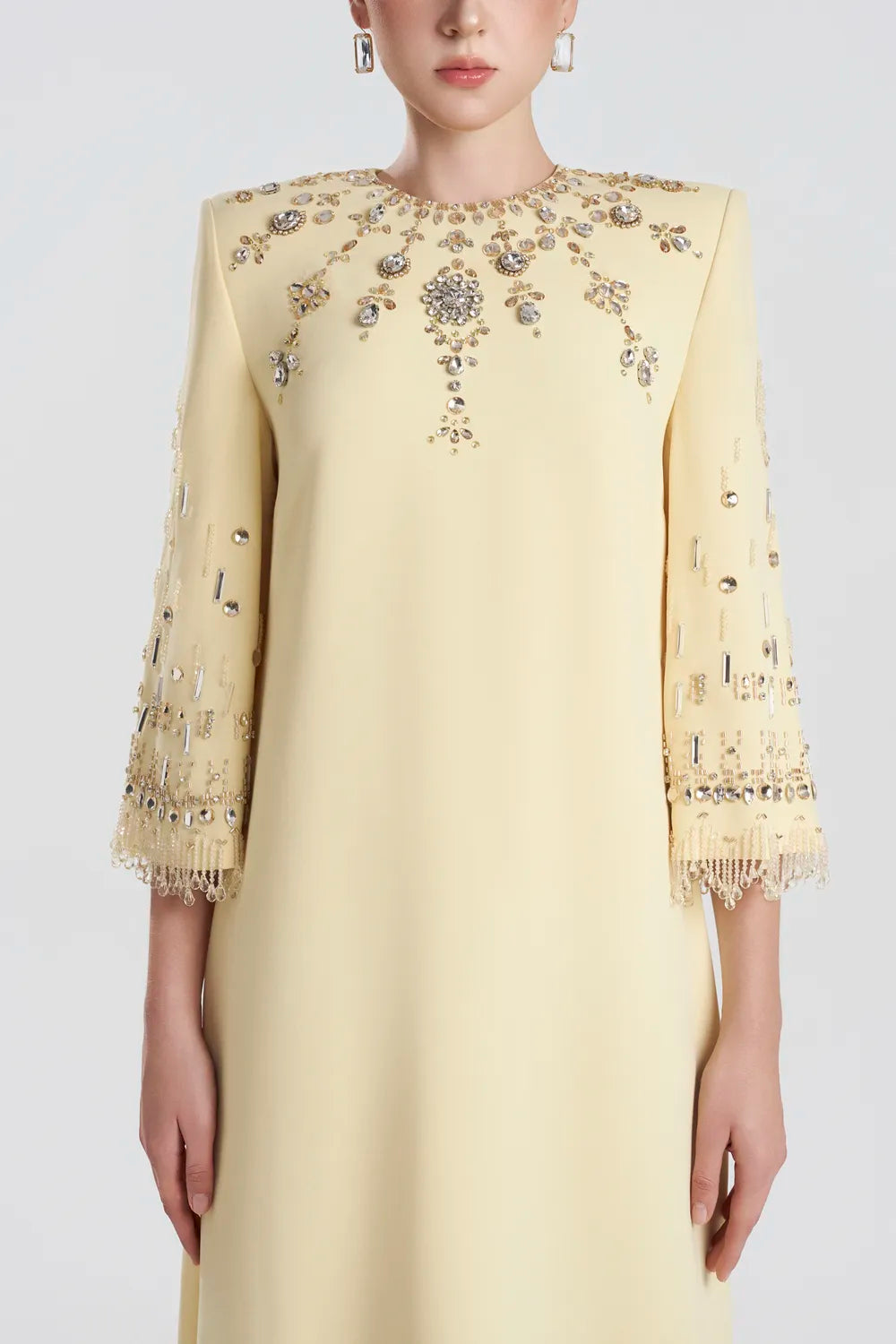 Fringed Glass Bead Sleeve Cuff A-line Dress - TRACY COUTURE