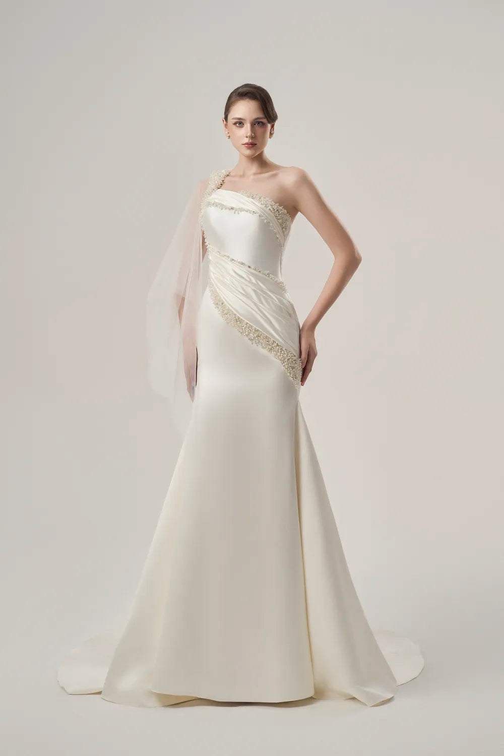Diagonal Pearl Embellished Long Back Flap Dress