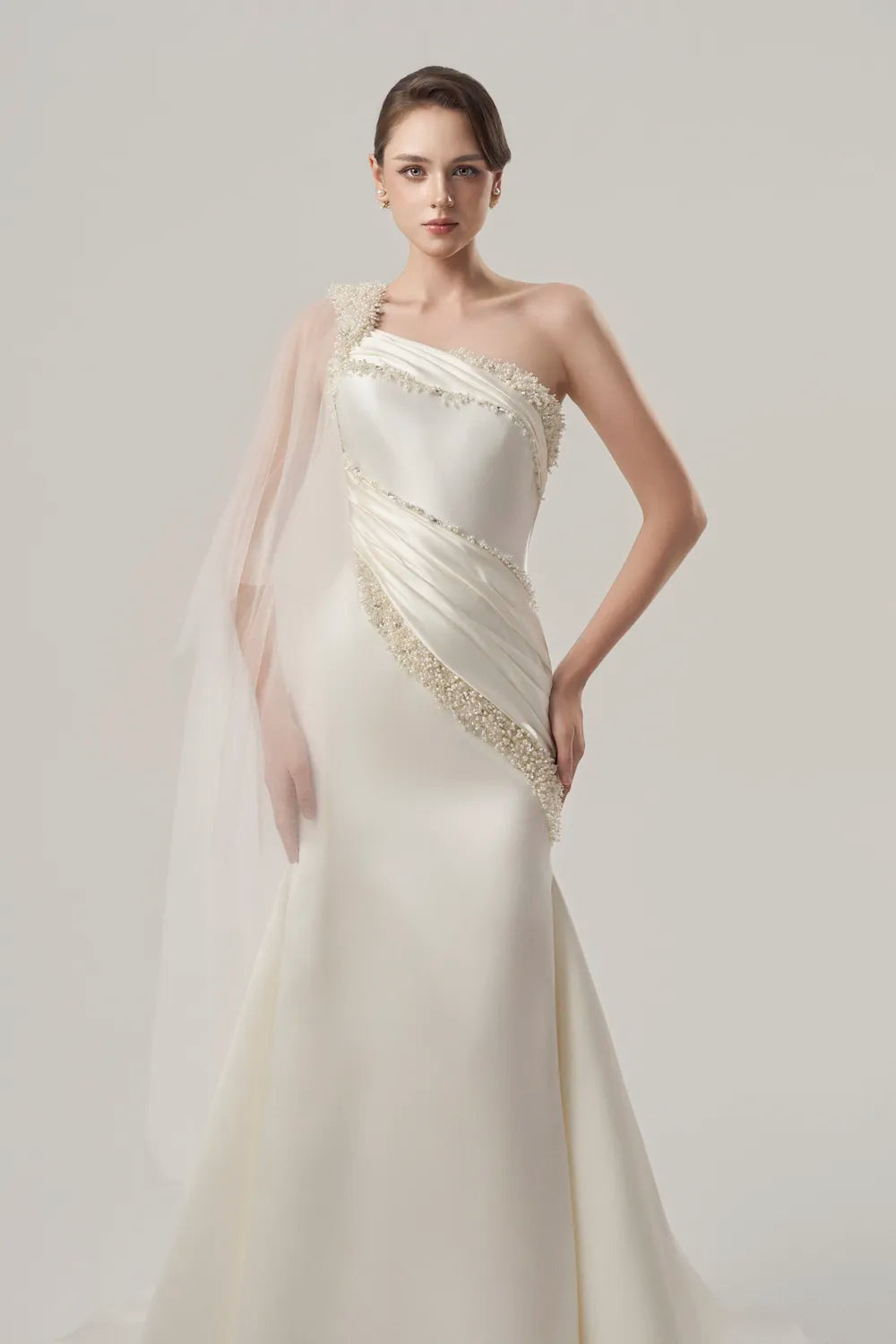 Diagonal Pearl Embellished Long Back Flap Dress
