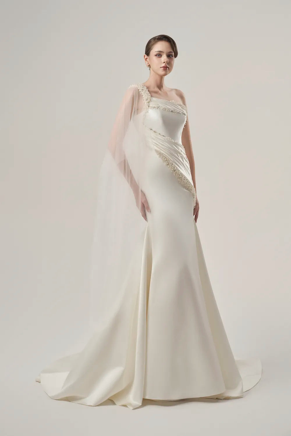 Diagonal Pearl Embellished Long Back Flap Dress