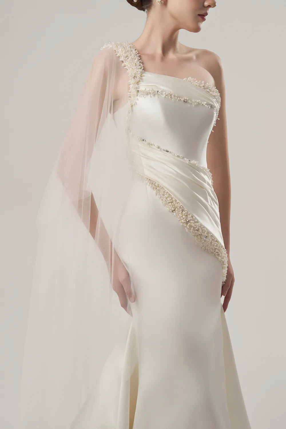 Diagonal Pearl Embellished Long Back Flap Dress