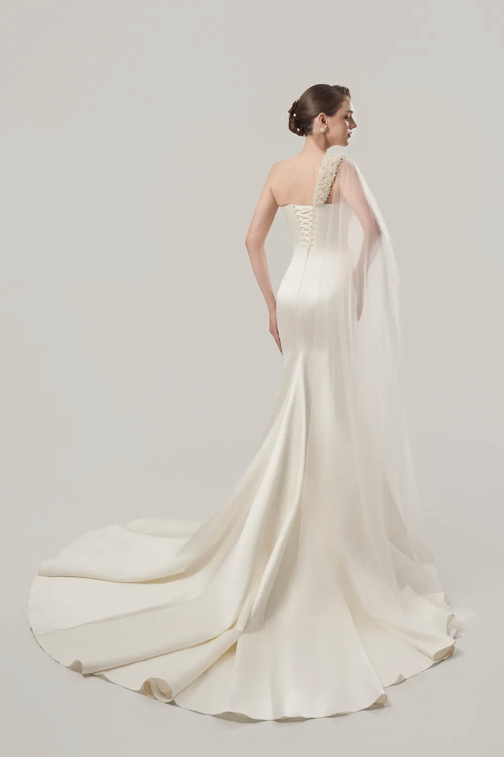 Diagonal Pearl Embellished Long Back Flap Dress