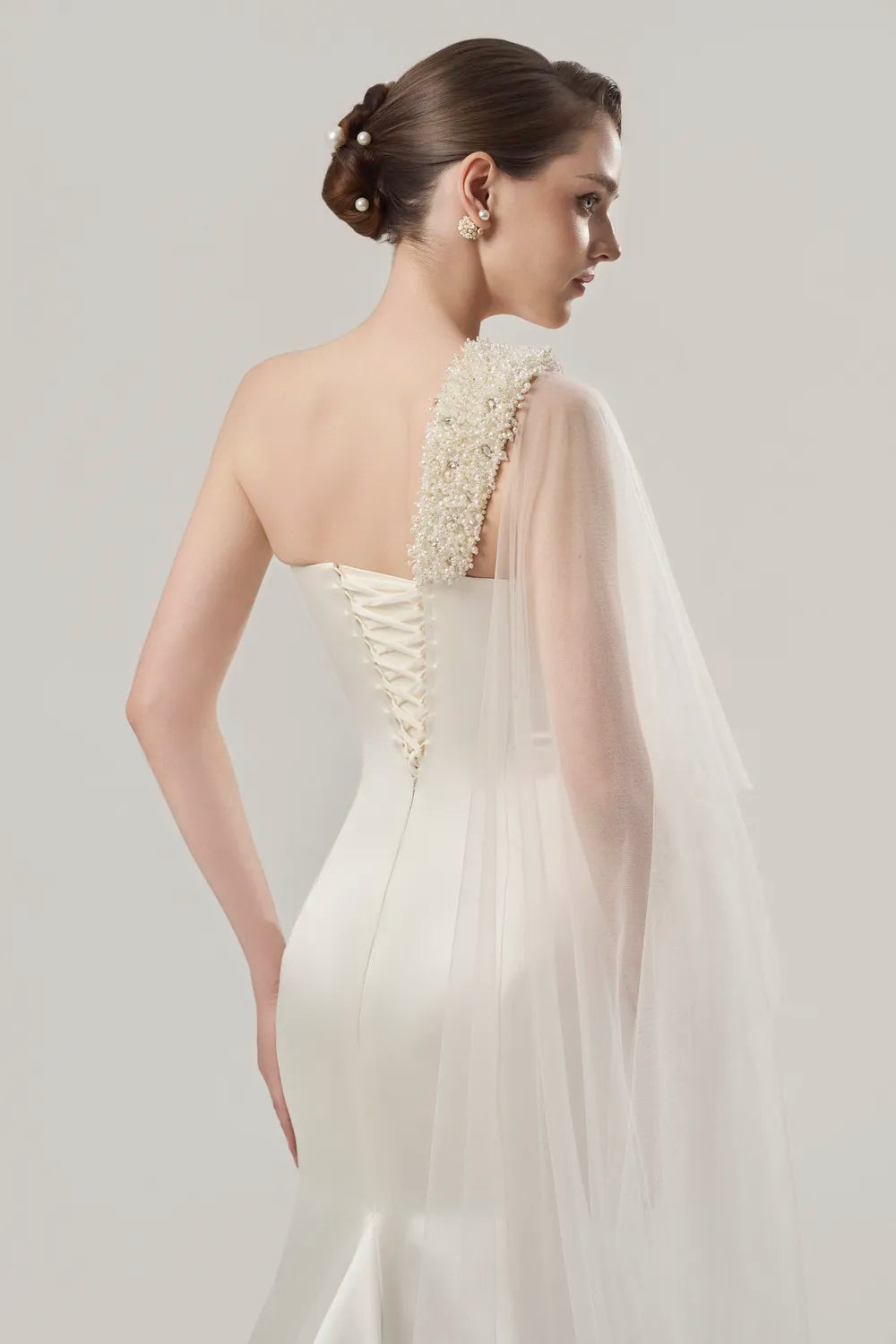 Diagonal Pearl Embellished Long Back Flap Dress