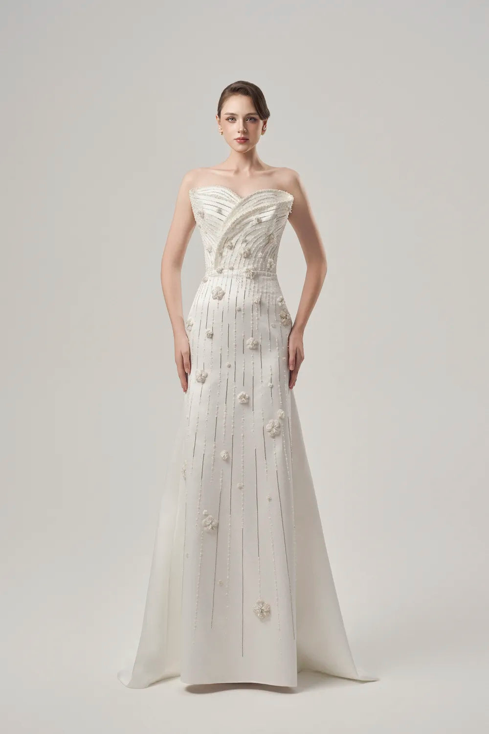 Cross Over Embellished Flared Long Back Flap Dress - TRACY COUTURE