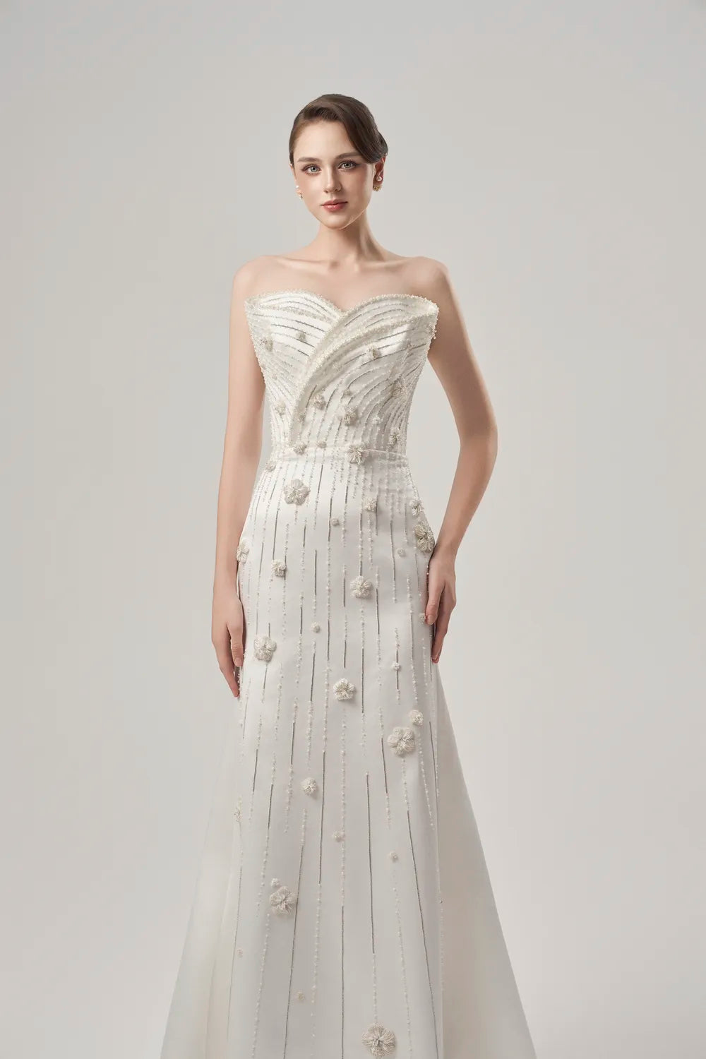 Cross Over Embellished Flared Long Back Flap Dress - TRACY COUTURE