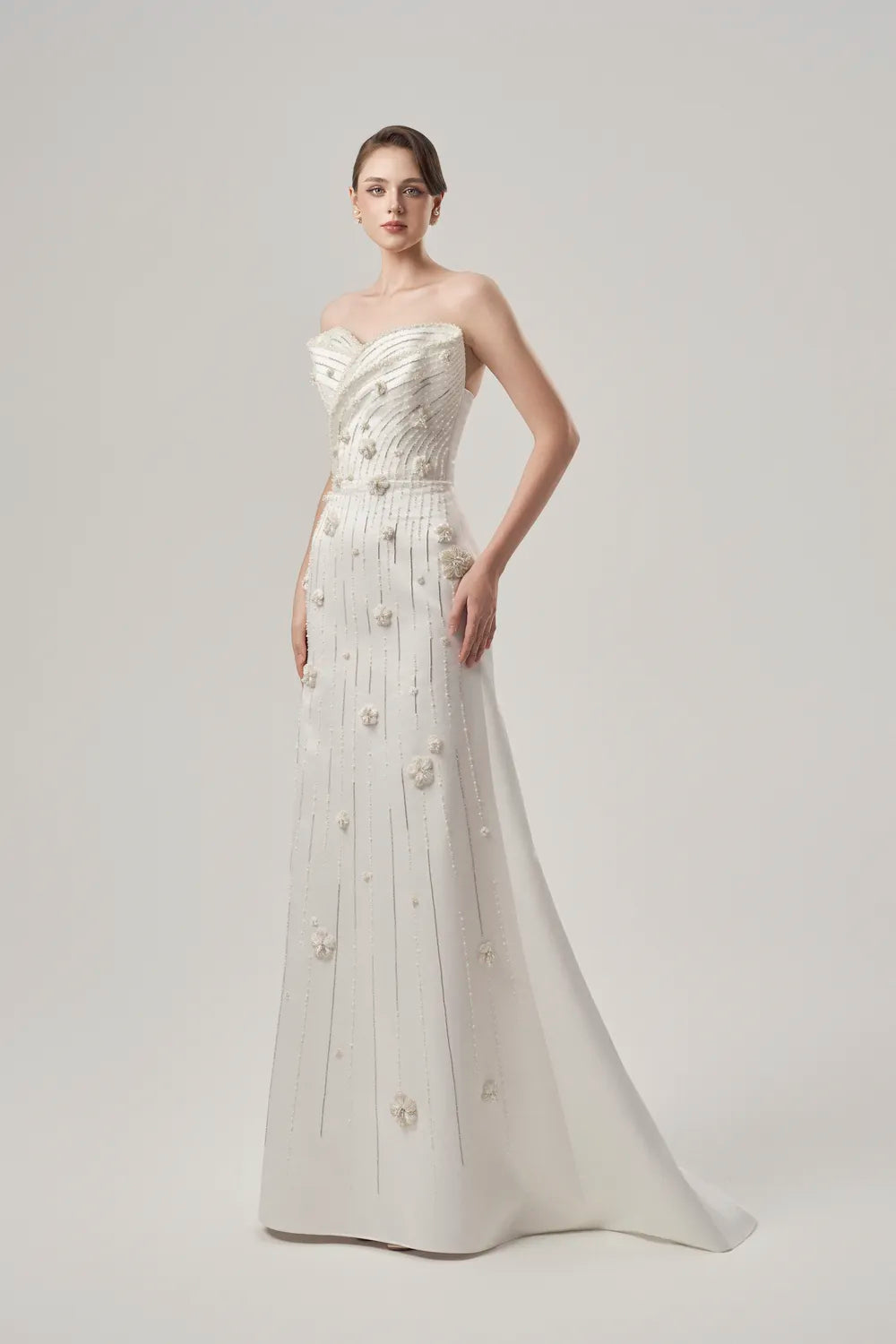 Cross Over Embellished Flared Long Back Flap Dress - TRACY COUTURE