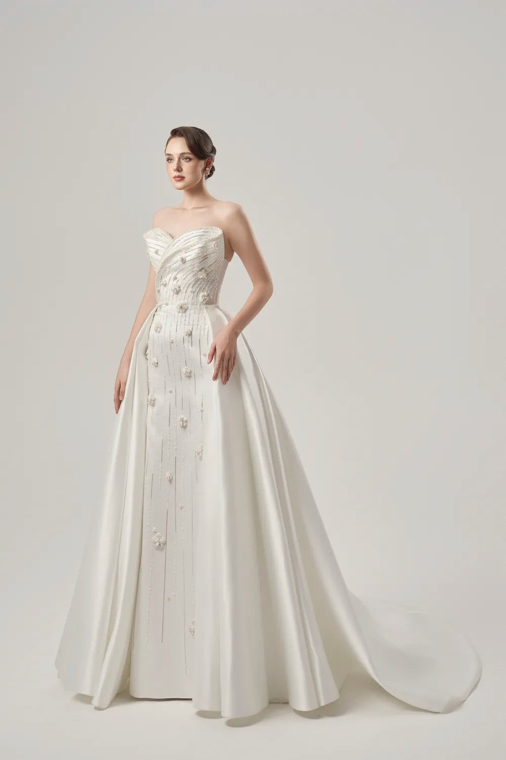 Cross Over Embellished Flared Long Back Flap Dress - TRACY COUTURE