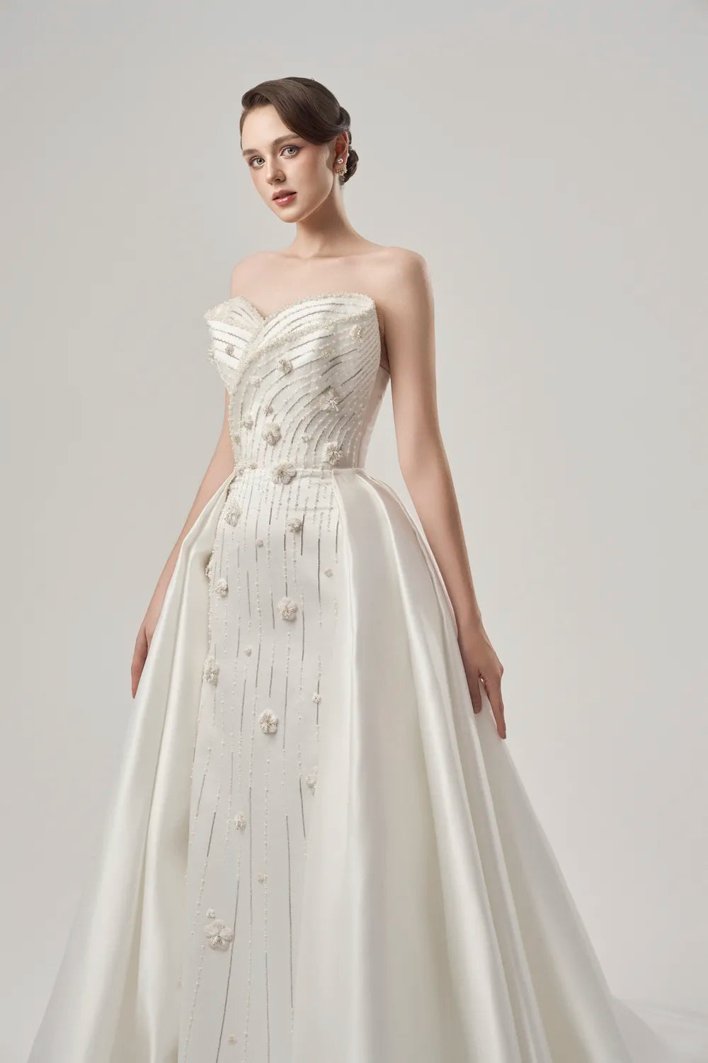 Cross Over Embellished Flared Long Back Flap Dress - TRACY COUTURE