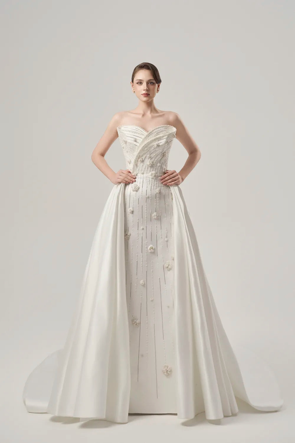 Cross Over Embellished Flared Long Back Flap Dress - TRACY COUTURE