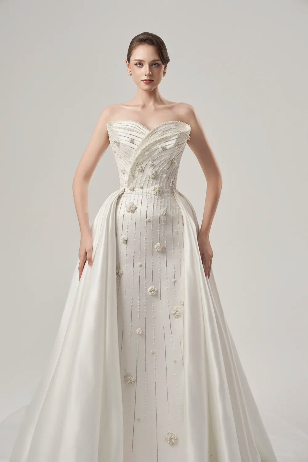 Cross Over Embellished Flared Long Back Flap Dress - TRACY COUTURE
