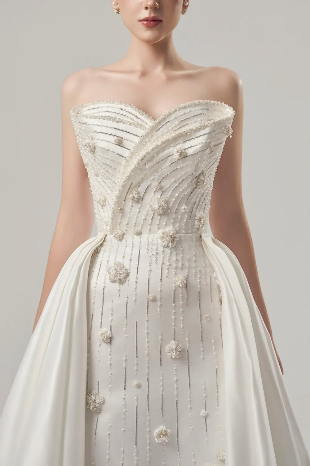 Cross Over Embellished Flared Long Back Flap Dress - TRACY COUTURE