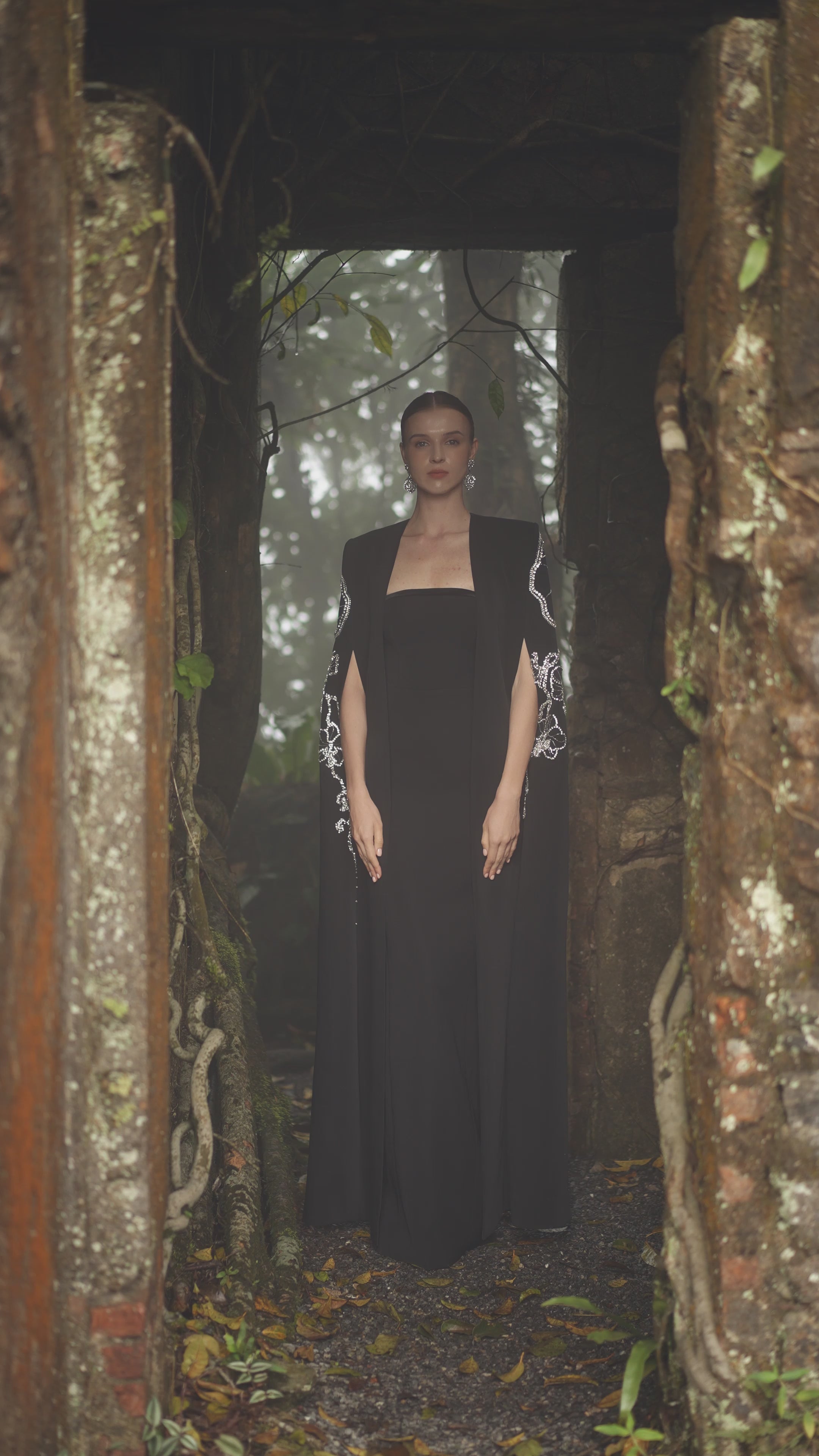 Stylized Sleeve Slit Long Cape With  Straight Strapless Basic Dress Set