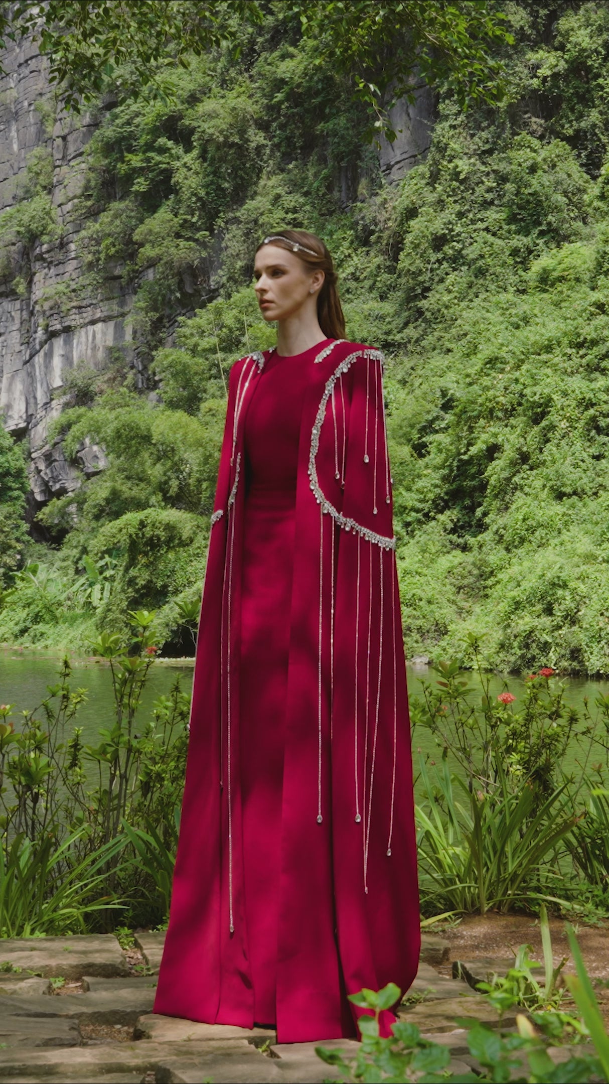 Stone Embellished Floor Length Cape